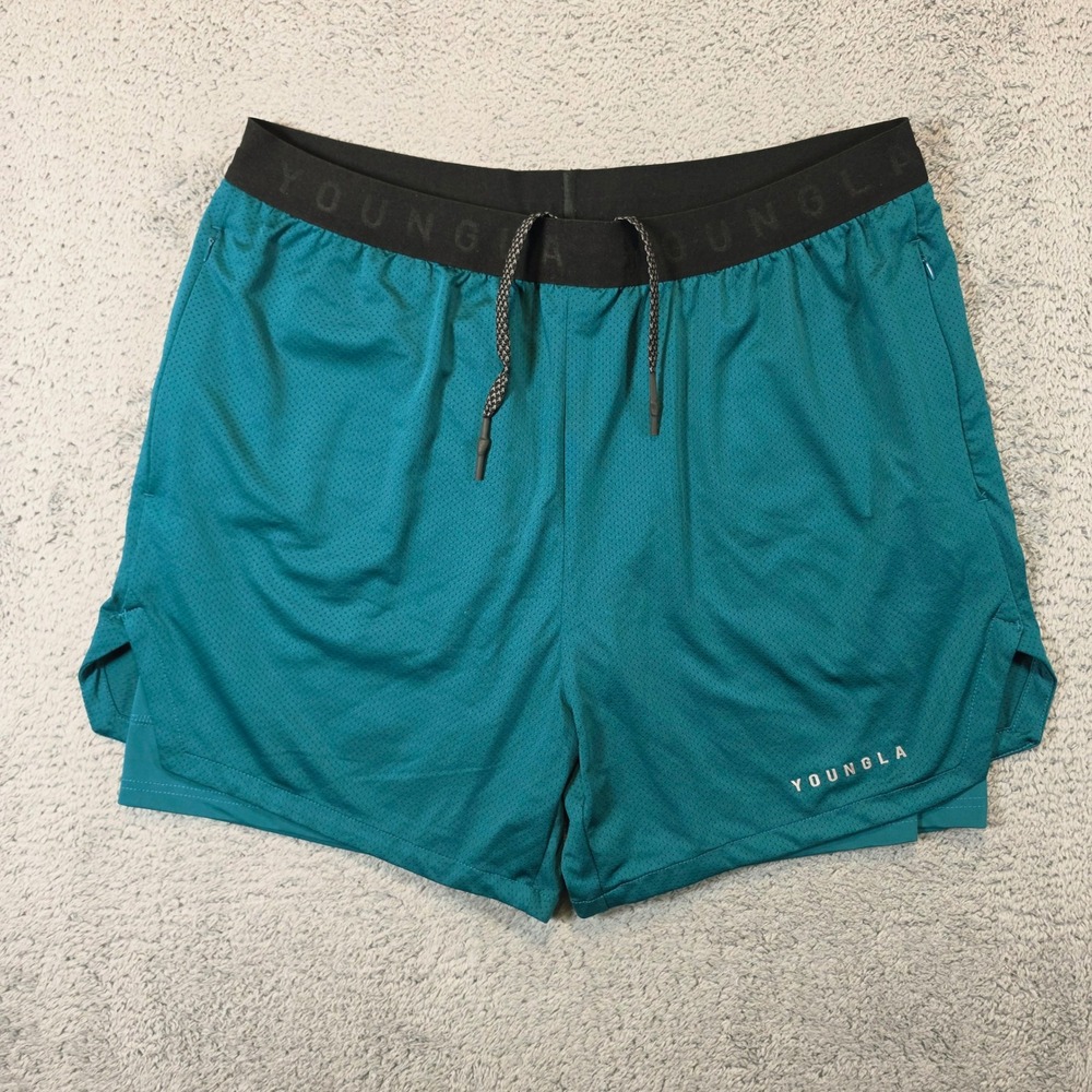 YoungLA 2-in-1 Mesh Shorts Mens XXL Teal Green Athletic Gym Training 5" Inseam